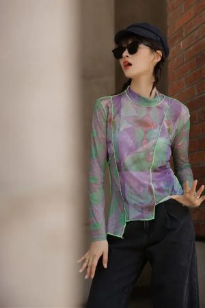 Quick Outfits, Modest Fashion Outfits Ideas Patchwork Asymmetric Mesh Top