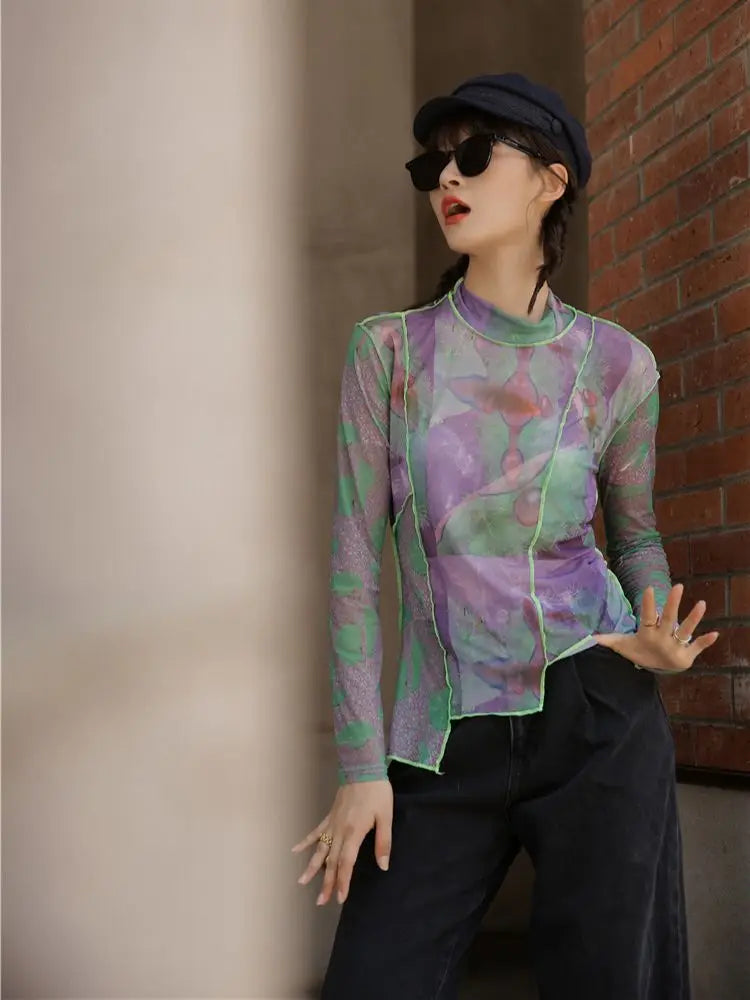 Quick Outfits, Modest Fashion Outfits Ideas Patchwork Asymmetric Mesh Top Quick Outfits, Modest Fashion Outfits Ideas Patchwork Asymmetric Mesh Top