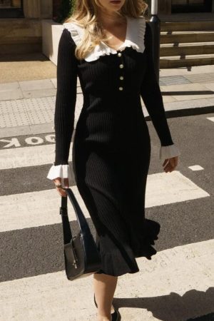 Quick Outfits, Modest Fashion Outfits Ideas Peter Pan Collar Ribbed Midi Dress