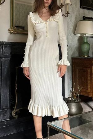 Quick Outfits, Modest Fashion Outfits Ideas Peter Pan Collar Ribbed Midi Dress