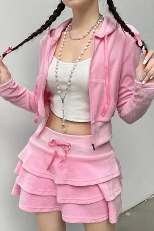 Quick Outfits, Modest Fashion Outfits Ideas Pink Aesthetic Skirt & Hoodie Two Piece Set