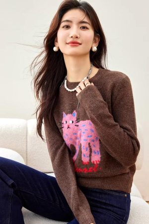 Quick Outfits, Modest Fashion Outfits Ideas Pink Cat Sweater