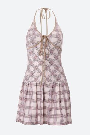 Quick Outfits, Modest Fashion Outfits Ideas Plaid Halter Neck Pleated Mini Dress