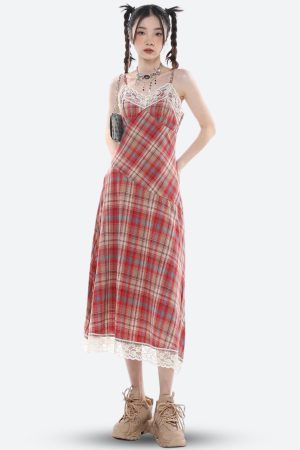 Quick Outfits, Modest Fashion Outfits Ideas Plaid Lace Midi Dress