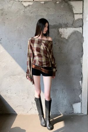 Quick Outfits, Modest Fashion Outfits Ideas Plaid One Shoulder Top