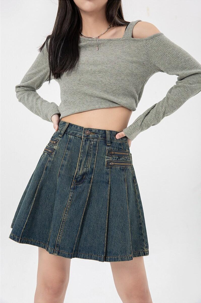 Quick Outfits, Modest Fashion Outfits Ideas Pleated Denim Mini Skirt