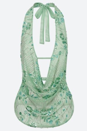 Quick Outfits, Modest Fashion Outfits Ideas Plunge Neck Sequined Beaded Top