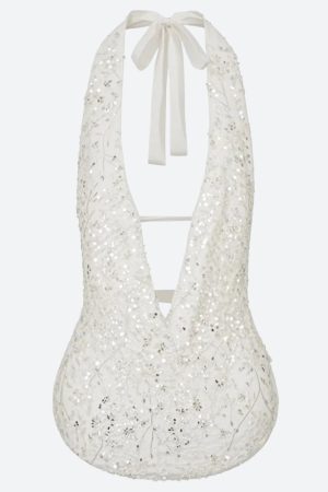 Quick Outfits, Modest Fashion Outfits Ideas Plunge Neck Sequined Beaded Top