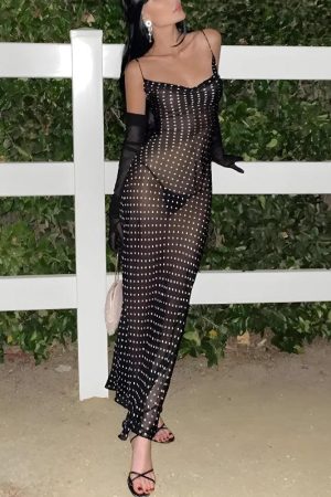 Quick Outfits, Modest Fashion Outfits Ideas Polka Dot Backless Sheer Maxi Dress