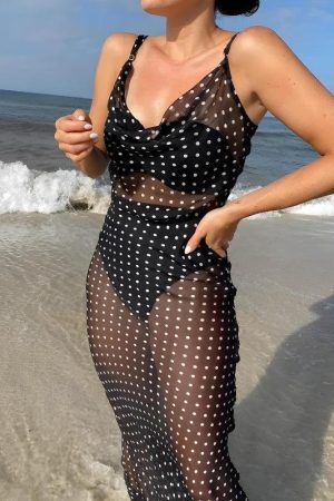 Quick Outfits, Modest Fashion Outfits Ideas Polka Dot Backless Sheer Maxi Dress