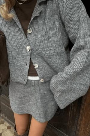 Quick Outfits, Modest Fashion Outfits Ideas Preppy Knitted Cardigan & Mini Skirt Two Piece Set