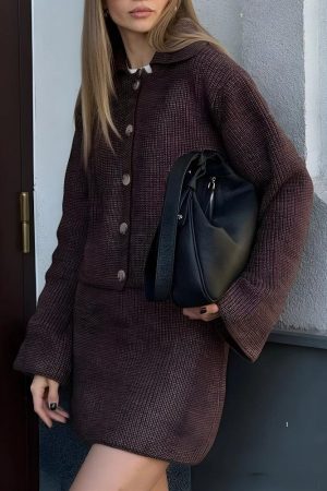 Quick Outfits, Modest Fashion Outfits Ideas Preppy Knitted Cardigan & Mini Skirt Two Piece Set