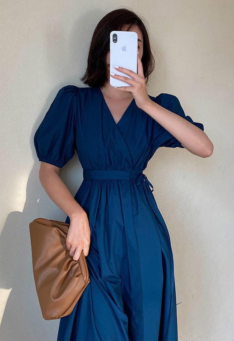 Quick Outfits, Modest Fashion Outfits Ideas Puff Sleeve Wrap Midi Dress Quick Outfits, Modest Fashion Outfits Ideas Puff Sleeve Wrap Midi Dress