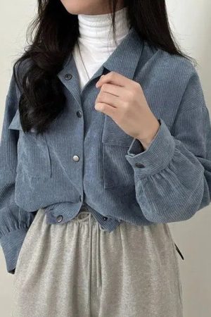 Quick Outfits, Modest Fashion Outfits Ideas Puff Sleeved Corduroy Crop Shirt