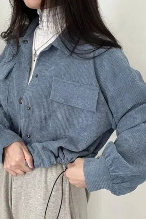 Quick Outfits, Modest Fashion Outfits Ideas Puff Sleeved Corduroy Crop Shirt