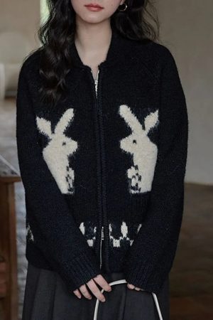 Quick Outfits, Modest Fashion Outfits Ideas Rabbit Knitted Zip Cardigan