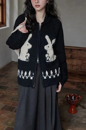 Quick Outfits, Modest Fashion Outfits Ideas Rabbit Knitted Zip Cardigan
