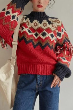 Quick Outfits, Modest Fashion Outfits Ideas Retro Pattern Knitted Christmas Sweater
