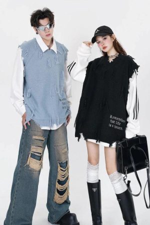 Quick Outfits, Modest Fashion Outfits Ideas Ripped Tasseled Sweater Vest