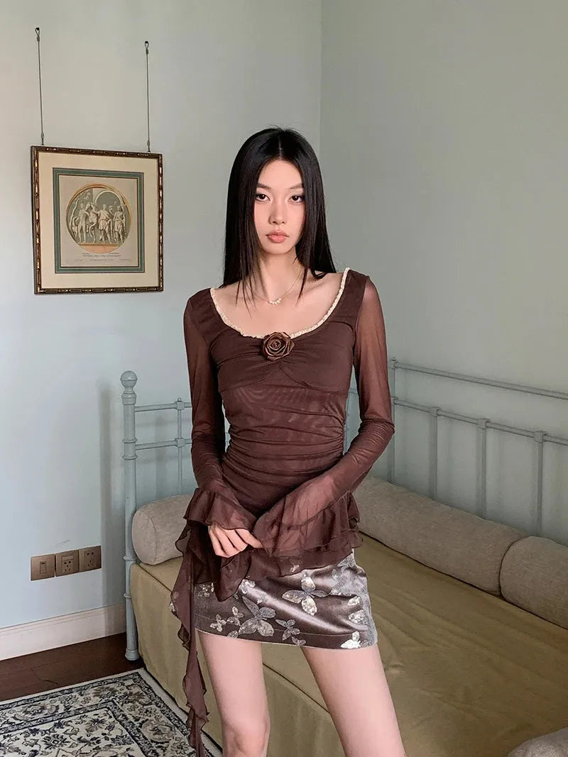 Quick Outfits, Modest Fashion Outfits Ideas Rose Mesh Ruffled Top Quick Outfits, Modest Fashion Outfits Ideas Rose Mesh Ruffled Top