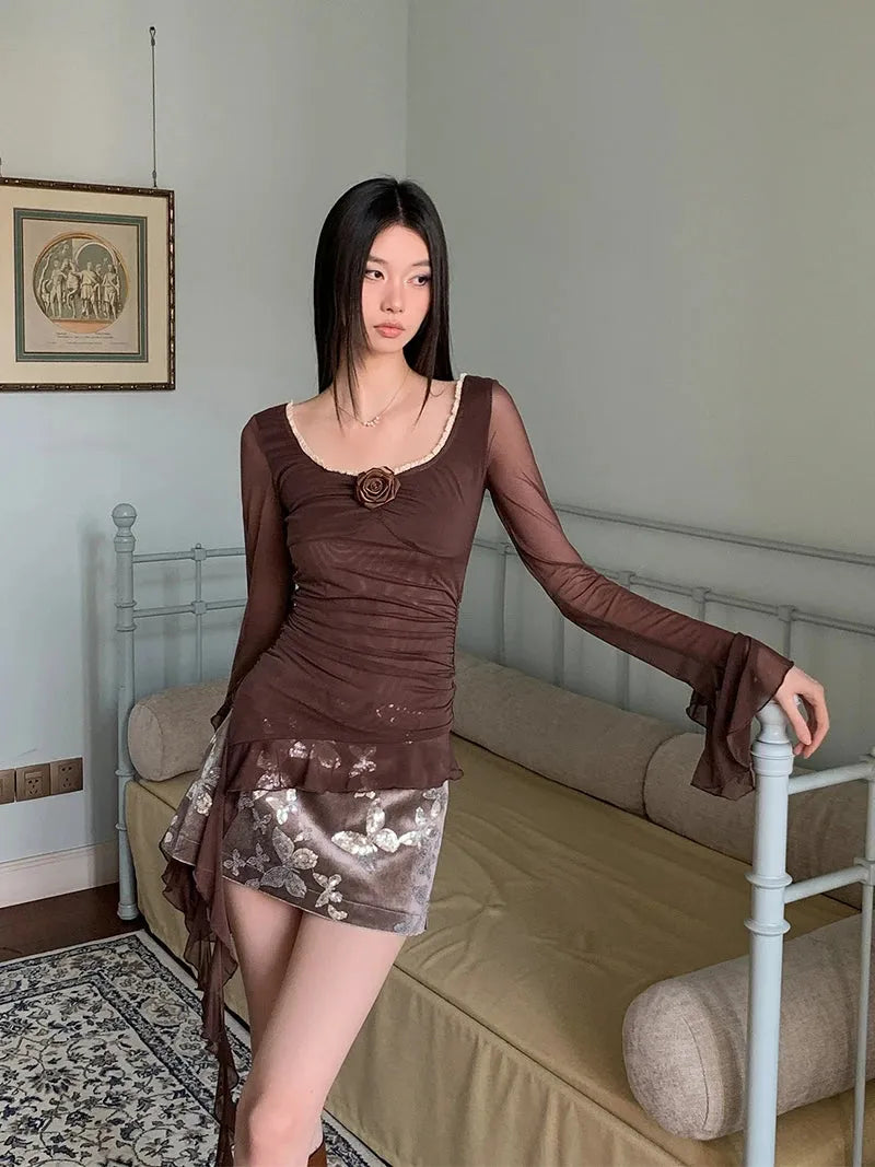 Quick Outfits, Modest Fashion Outfits Ideas Rose Mesh Ruffled Top Quick Outfits, Modest Fashion Outfits Ideas Rose Mesh Ruffled Top