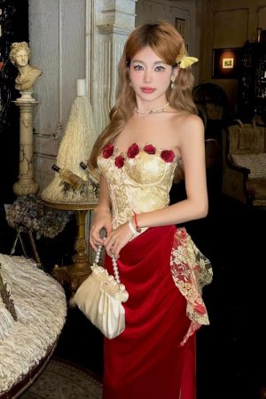 Quick Outfits, Modest Fashion Outfits Ideas Rose Velvet Corset Midi Dress