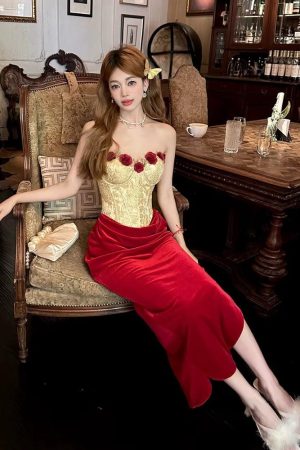 Quick Outfits, Modest Fashion Outfits Ideas Rose Velvet Corset Midi Dress