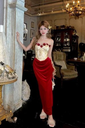 Quick Outfits, Modest Fashion Outfits Ideas Rose Velvet Corset Midi Dress