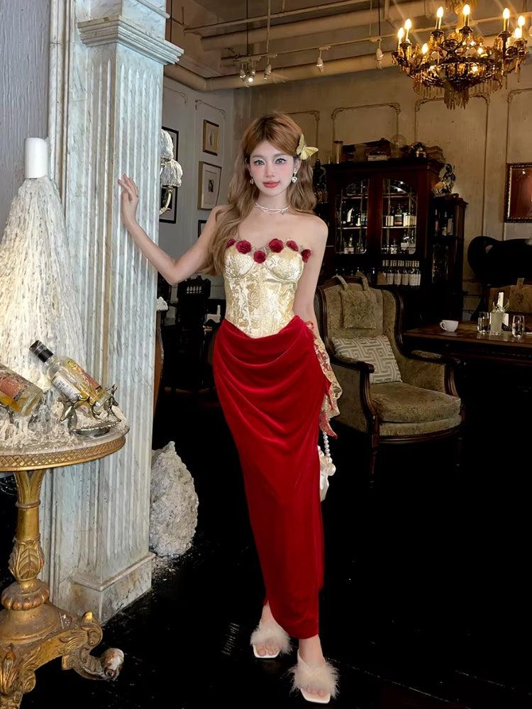 Quick Outfits, Modest Fashion Outfits Ideas Rose Velvet Corset Midi Dress Quick Outfits, Modest Fashion Outfits Ideas Rose Velvet Corset Midi Dress