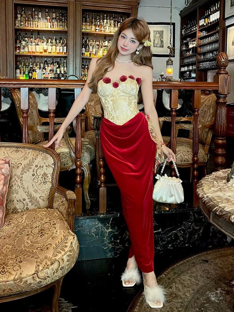 Quick Outfits, Modest Fashion Outfits Ideas Rose Velvet Corset Midi Dress Quick Outfits, Modest Fashion Outfits Ideas Rose Velvet Corset Midi Dress