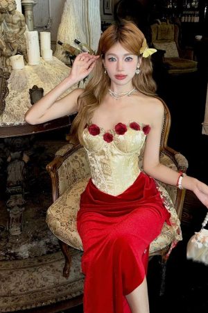 Quick Outfits, Modest Fashion Outfits Ideas Rose Velvet Corset Midi Dress