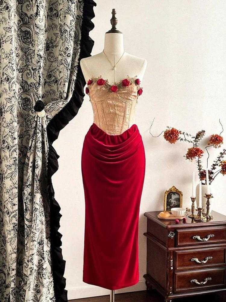 Quick Outfits, Modest Fashion Outfits Ideas Rose Velvet Corset Midi Dress Quick Outfits, Modest Fashion Outfits Ideas Rose Velvet Corset Midi Dress