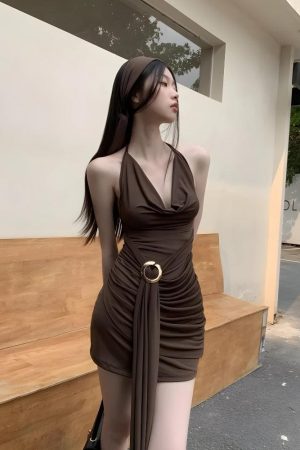 Quick Outfits, Modest Fashion Outfits Ideas Ruched Halter Neck Mini Dress