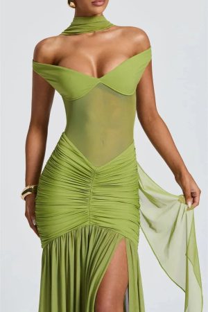 Quick Outfits, Modest Fashion Outfits Ideas Ruched Mesh Maxi Dress