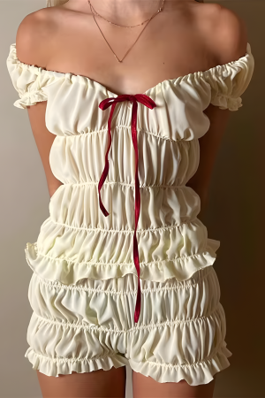 Quick Outfits, Modest Fashion Outfits Ideas Ruched Off Shoulder Top & Shorts Two Piece Set