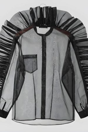 Quick Outfits, Modest Fashion Outfits Ideas Ruffled Sleeve Sheer Shirt