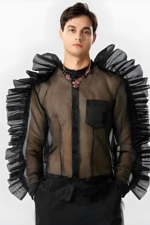 Quick Outfits, Modest Fashion Outfits Ideas Ruffled Sleeve Sheer Shirt