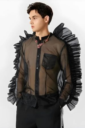 Quick Outfits, Modest Fashion Outfits Ideas Ruffled Sleeve Sheer Shirt