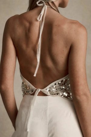 Quick Outfits, Modest Fashion Outfits Ideas Sequined Backless Halter Top