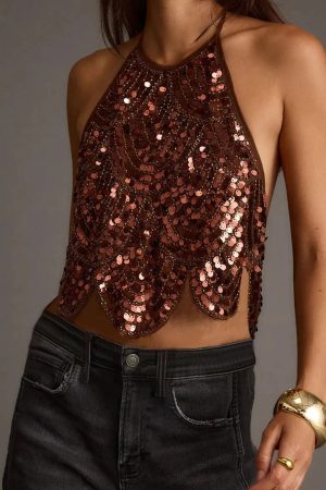 Quick Outfits, Modest Fashion Outfits Ideas Sequined Backless Halter Top