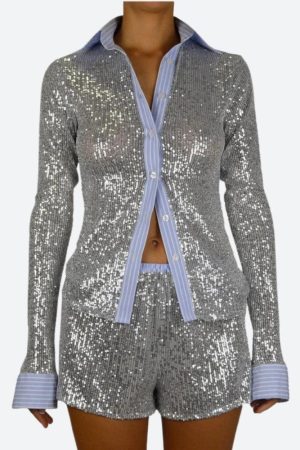 Quick Outfits, Modest Fashion Outfits Ideas Sequined Shirt & Shorts Two Piece Set