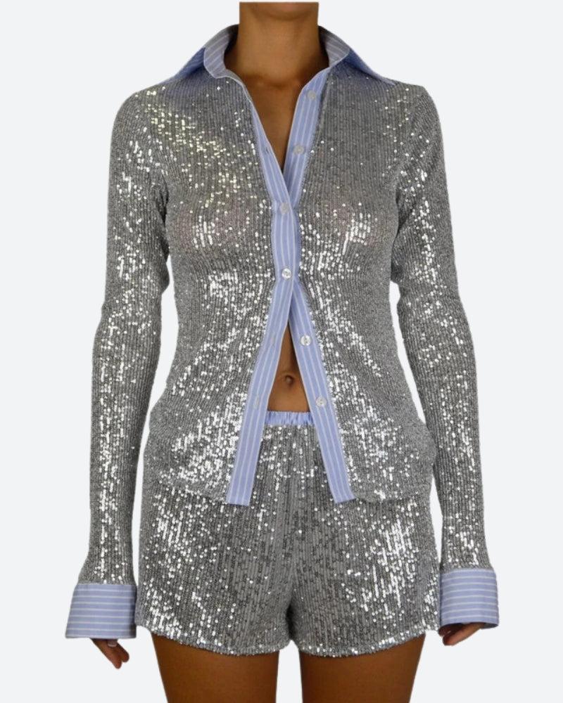 Quick Outfits, Modest Fashion Outfits Ideas Sequined Shirt & Shorts Two Piece Set Quick Outfits, Modest Fashion Outfits Ideas Sequined Shirt & Shorts Two Piece Set