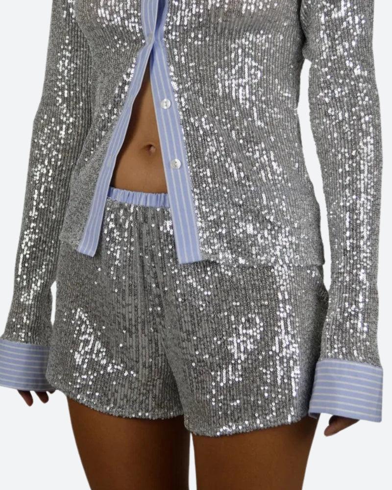 Quick Outfits, Modest Fashion Outfits Ideas Sequined Shirt & Shorts Two Piece Set Quick Outfits, Modest Fashion Outfits Ideas Sequined Shirt & Shorts Two Piece Set