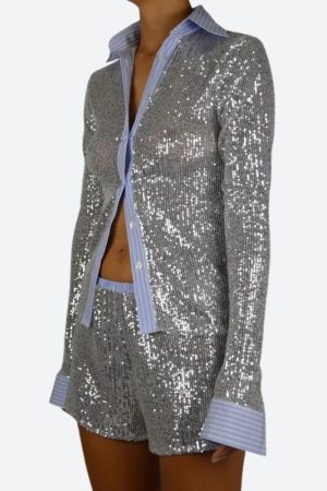 Quick Outfits, Modest Fashion Outfits Ideas Sequined Shirt & Shorts Two Piece Set