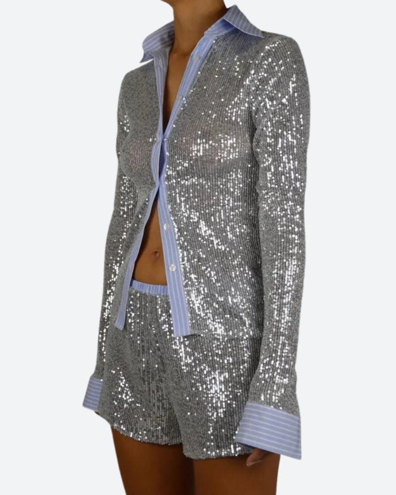 Quick Outfits, Modest Fashion Outfits Ideas Sequined Shirt & Shorts Two Piece Set Quick Outfits, Modest Fashion Outfits Ideas Sequined Shirt & Shorts Two Piece Set