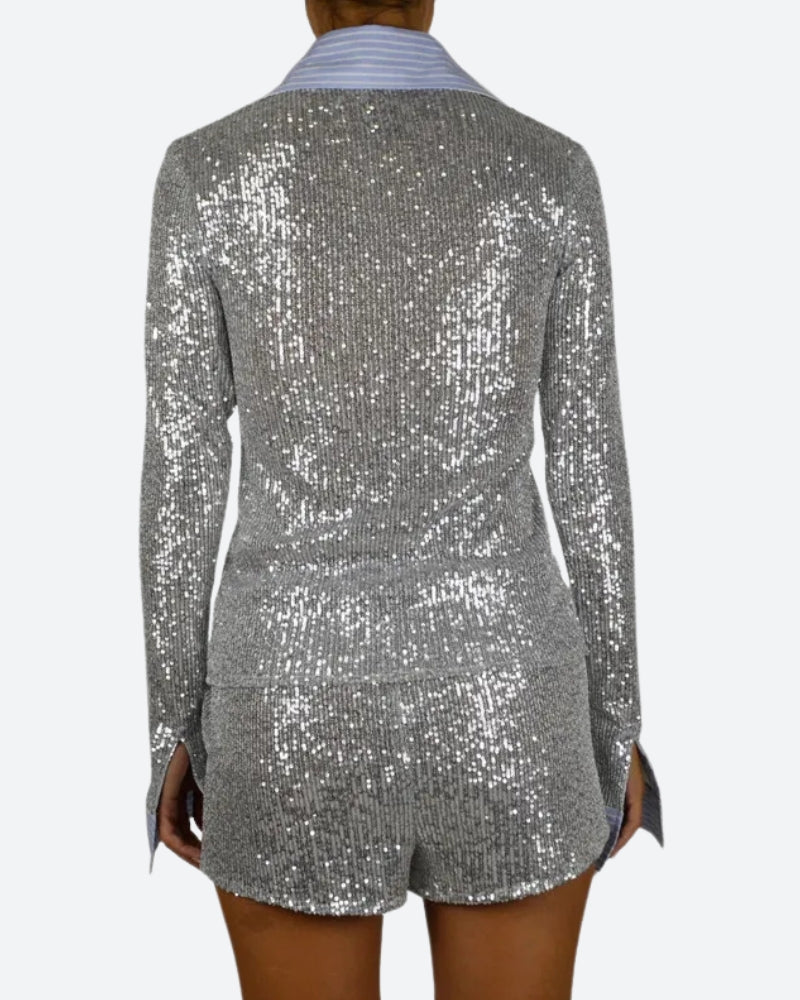 Quick Outfits, Modest Fashion Outfits Ideas Sequined Shirt & Shorts Two Piece Set Quick Outfits, Modest Fashion Outfits Ideas Sequined Shirt & Shorts Two Piece Set