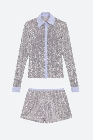 Quick Outfits, Modest Fashion Outfits Ideas Sequined Shirt & Shorts Two Piece Set