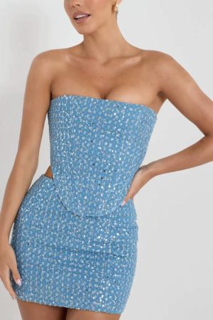 Quick Outfits, Modest Fashion Outfits Ideas Sequined Tube Top & Mini Skirt Two Piece Set