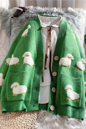 Quick Outfits, Modest Fashion Outfits Ideas Sheep Embroidery Knitted Cardigan