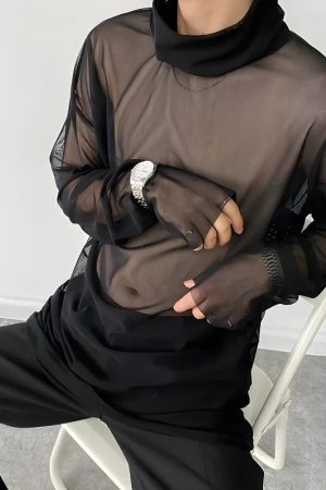 Quick Outfits, Modest Fashion Outfits Ideas Sheer Mesh Turtle Neck Top